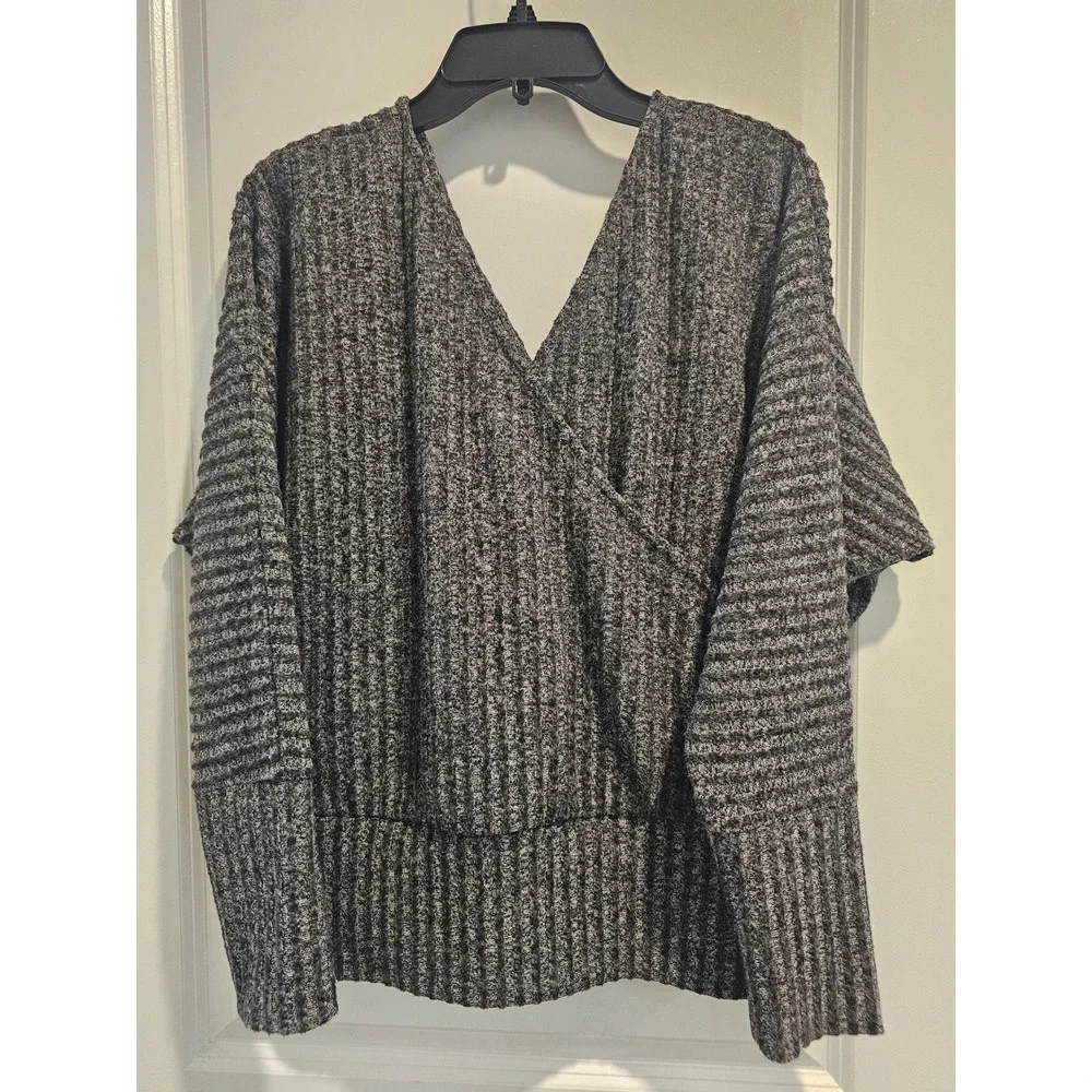 Womens szL EXPRESS Gray Textured Ribbed Deep V Neck Long Sleeve Sweater Top Fall
